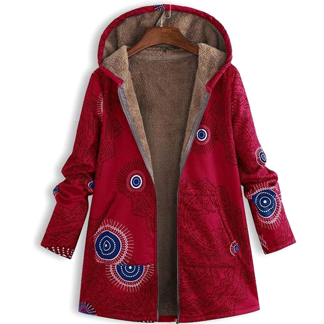 Women's Sherpa-Lined Hooded Floral Coat Long-Sleeve Zip-Up Jacket - Red