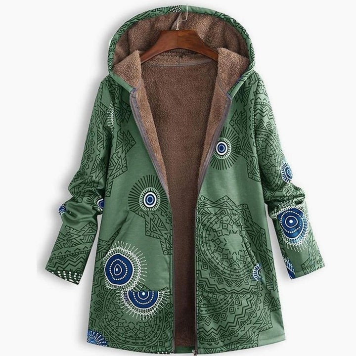 Women's Sherpa-Lined Hooded Floral Coat Long-Sleeve Zip-Up Jacket - Green