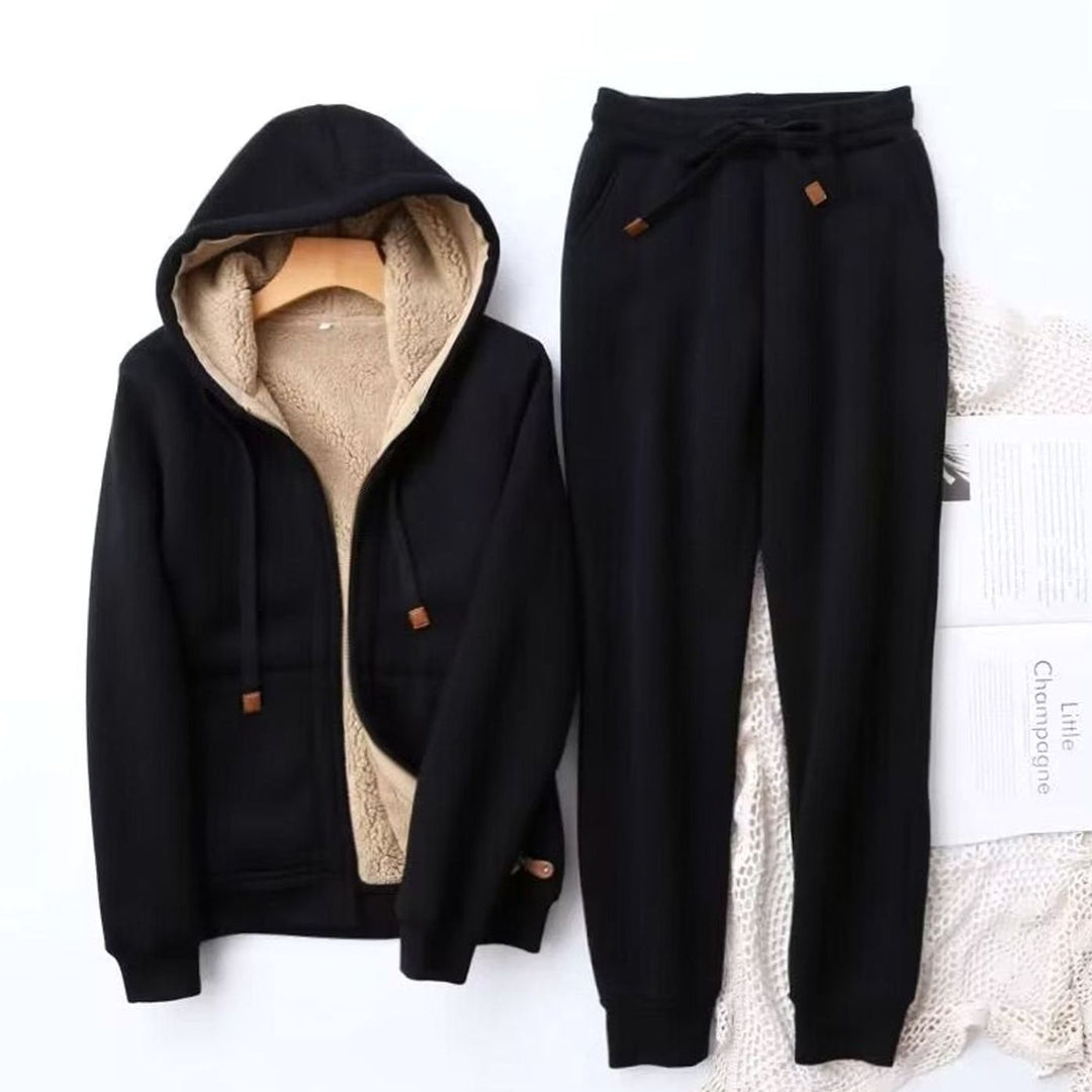 Women's Sherpa-Lined Winter Hoodie Jogger Set - Black