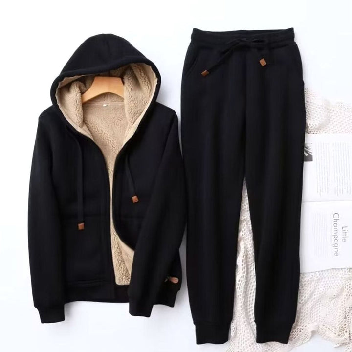 Women's Sherpa-Lined Winter Hoodie Jogger Set - Black