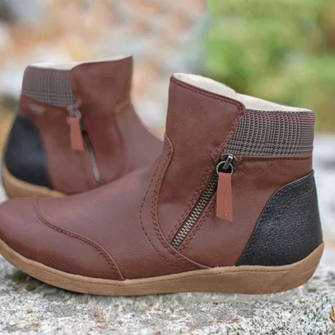 Women's Side-Zip Leather-Finish Colorblock Ankle Boots - Brown