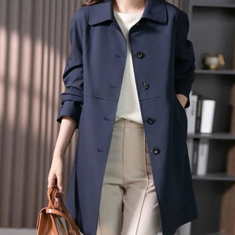 Women's Single-Breasted Longline Button-Front Trench Coat - Dark Blue