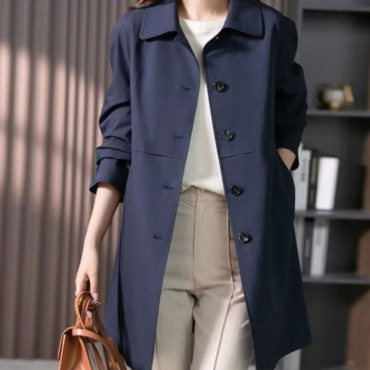 Women's Single-Breasted Longline Button-Front Trench Coat - Dark Blue