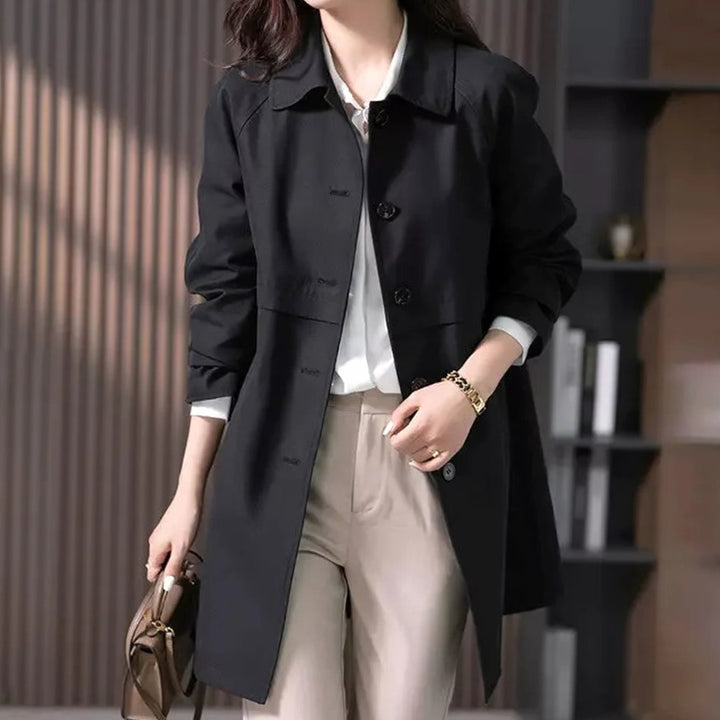 Women's Single-Breasted Longline Button-Front Trench Coat - Black