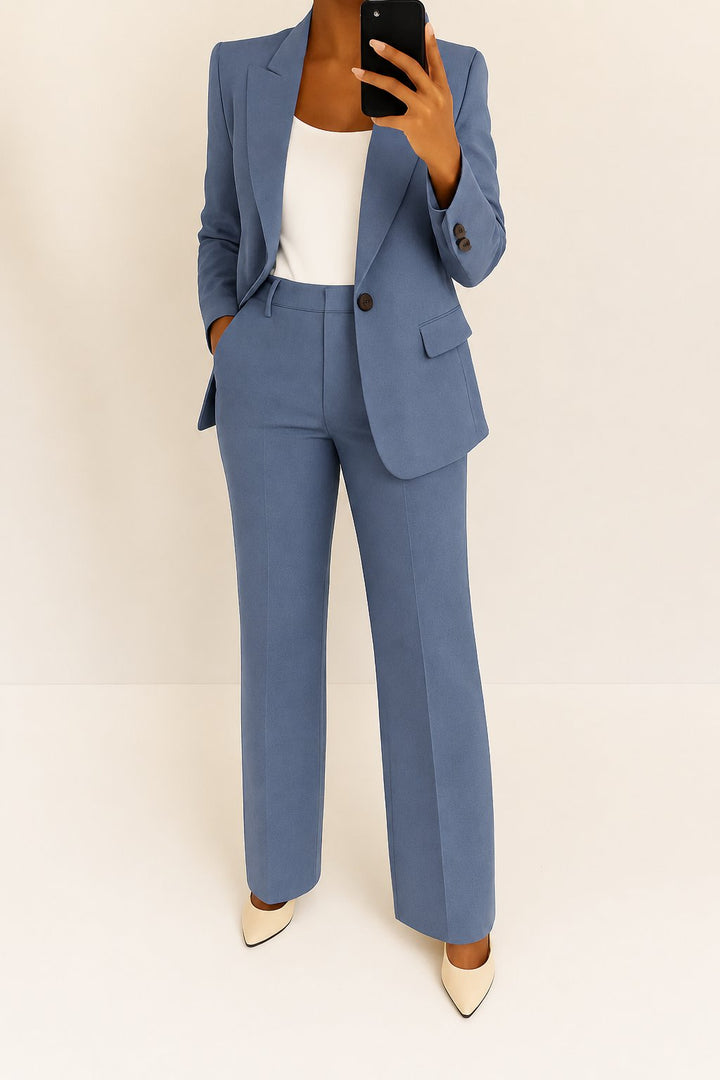 Women's Single-Button Blazer Wide-Leg Pants Two-Piece Suit - Blue