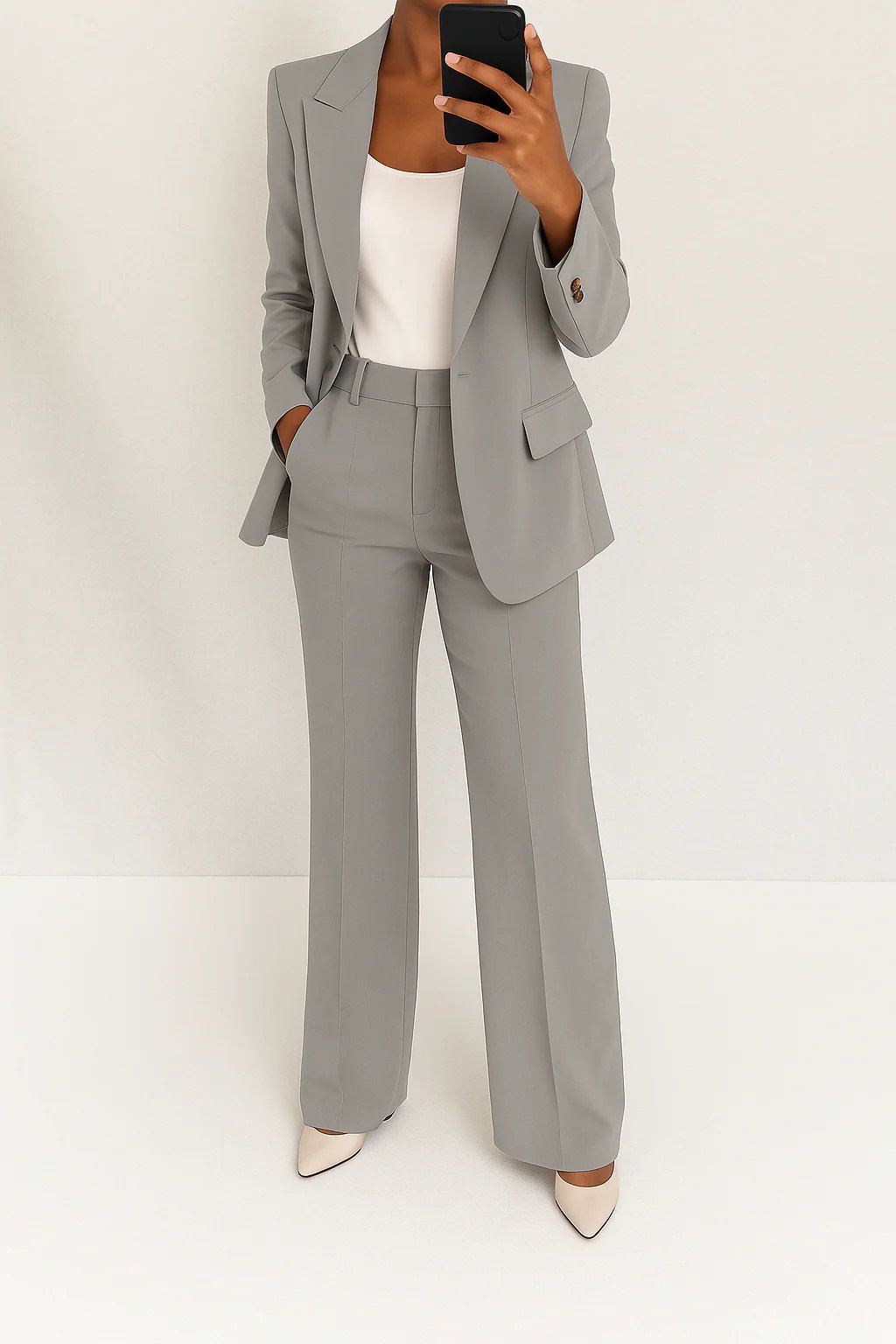 Women's Single-Button Blazer Wide-Leg Pants Two-Piece Suit - Grey