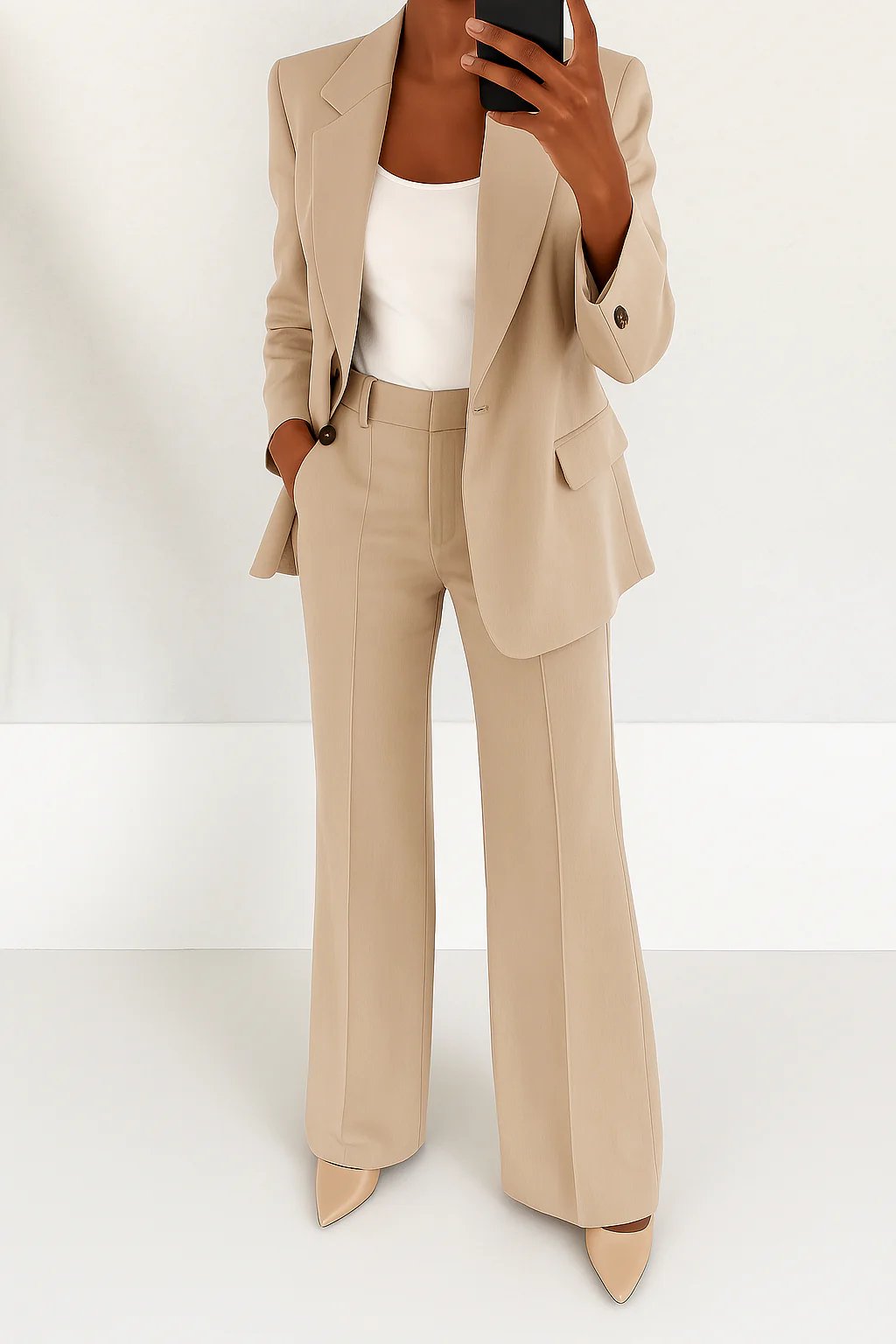 Women's Single-Button Blazer Wide-Leg Pants Two-Piece Suit - Beige