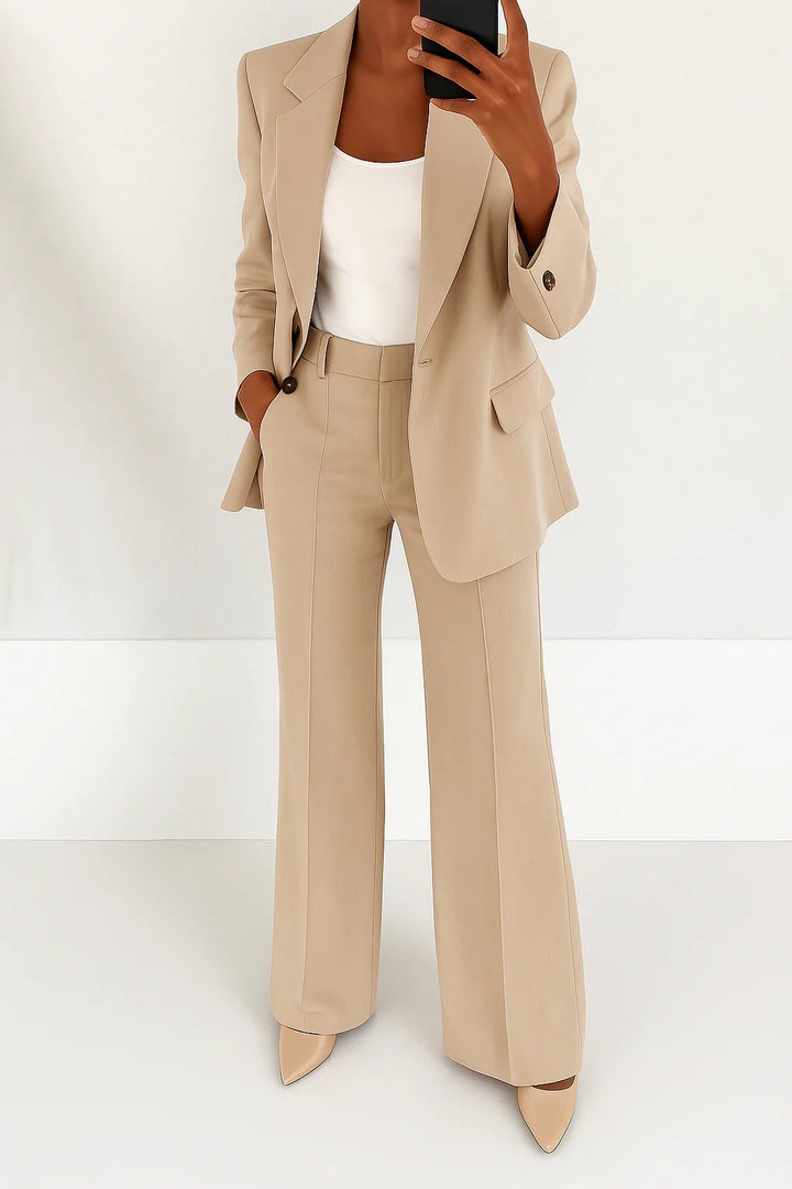 Women's Single-Button Blazer Wide-Leg Pants Two-Piece Suit - Beige