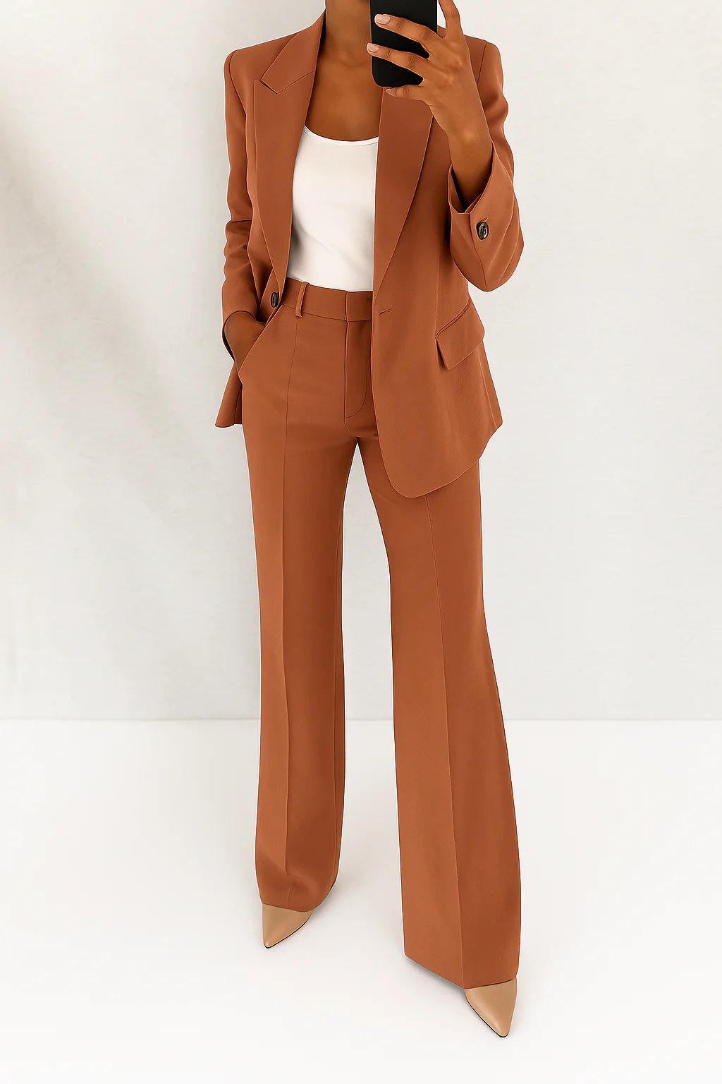 Women's Single-Button Blazer Wide-Leg Pants Two-Piece Suit - Brown