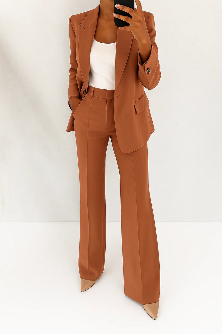 Women's Single-Button Blazer Wide-Leg Pants Two-Piece Suit - Brown