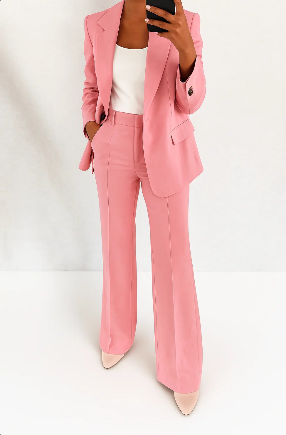 Women's Single-Button Blazer Wide-Leg Pants Two-Piece Suit - Pink