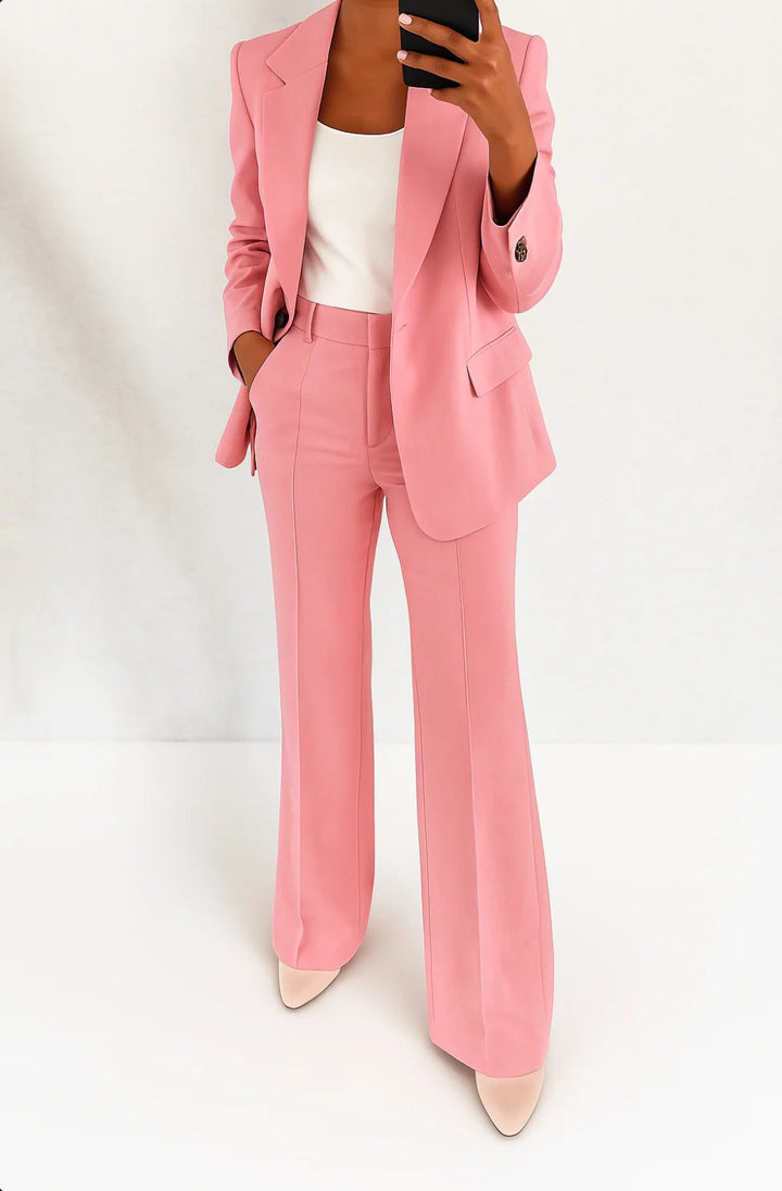 Women's Single-Button Blazer Wide-Leg Pants Two-Piece Suit - Pink