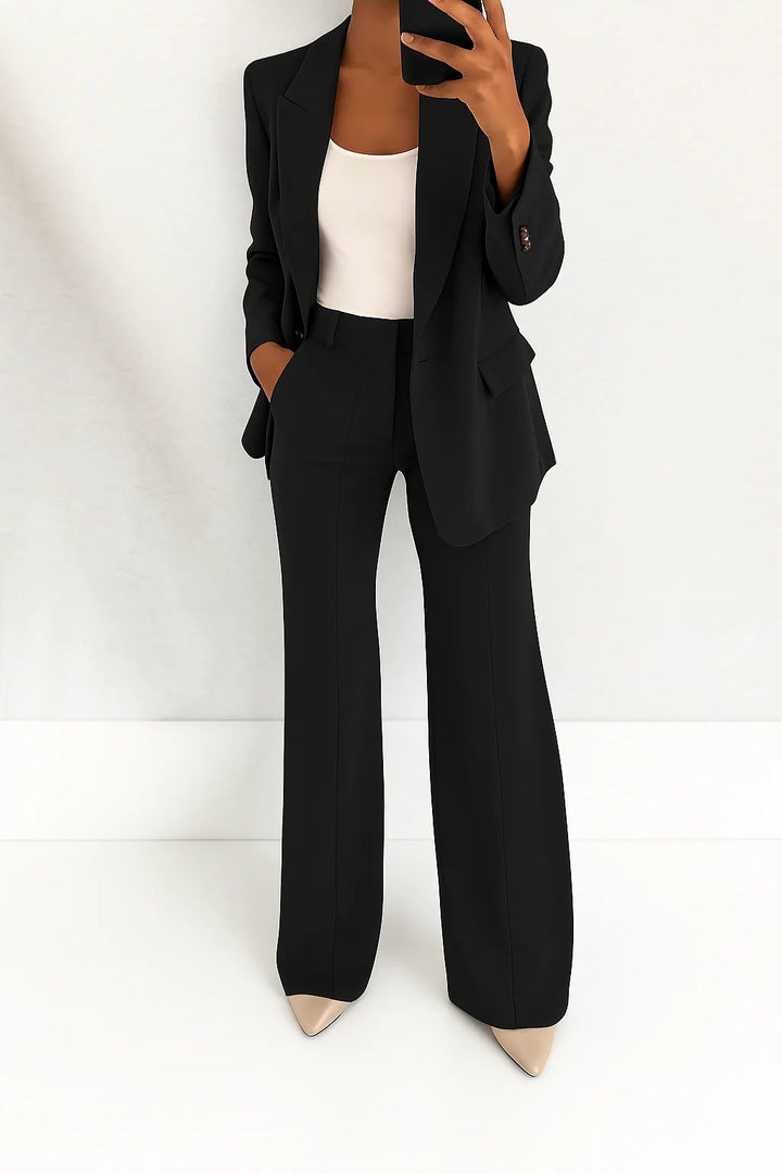 Women's Single-Button Blazer Wide-Leg Pants Two-Piece Suit - Black
