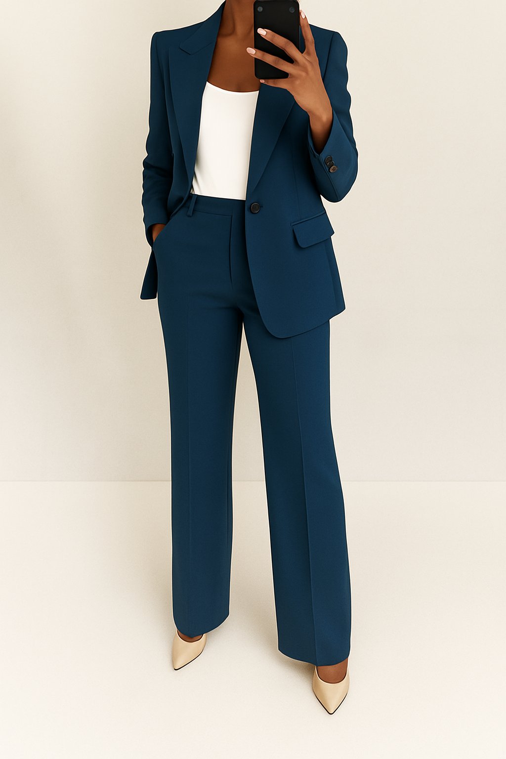 Women's Single-Button Blazer Wide-Leg Pants Two-Piece Suit - Navy Blue