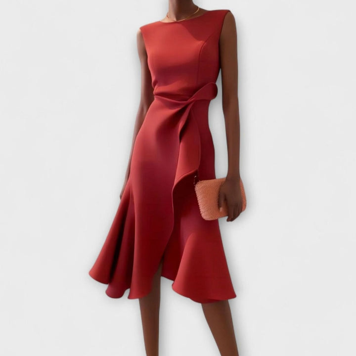 Women's Sleeveless Asymmetrical Ruffle Midi Dress - Red