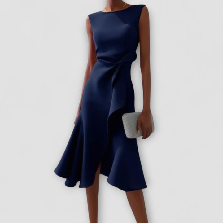 Women's Sleeveless Asymmetrical Ruffle Midi Dress - Navy Blue