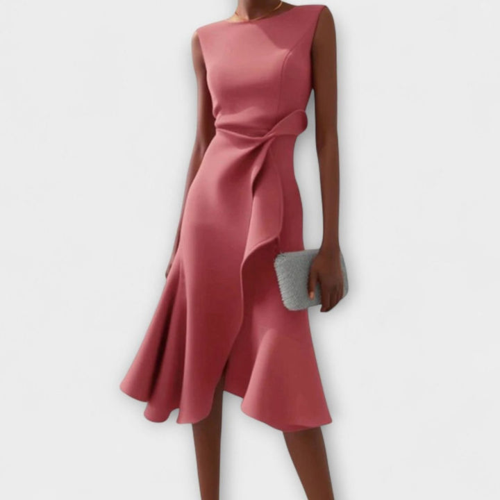 Women's Sleeveless Asymmetrical Ruffle Midi Dress - Pink