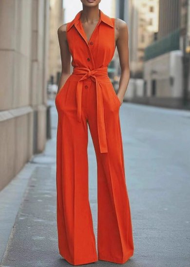Women's Sleeveless Belted Wide-Leg Button-Front Jumpsuit - Orange