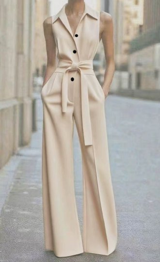Women's Sleeveless Belted Wide-Leg Button-Front Jumpsuit - Beige