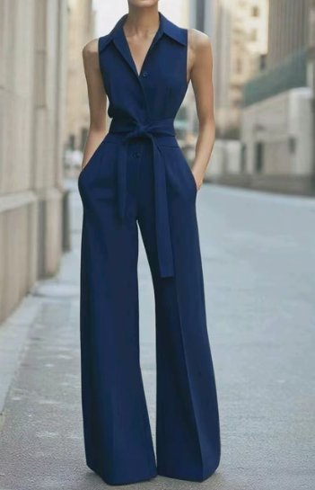 Women's Sleeveless Belted Wide-Leg Button-Front Jumpsuit - Navy Blue