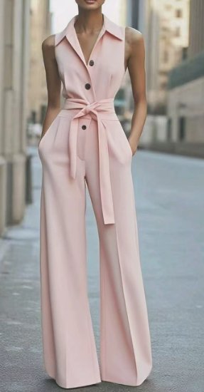 Women's Sleeveless Belted Wide-Leg Button-Front Jumpsuit - Pink