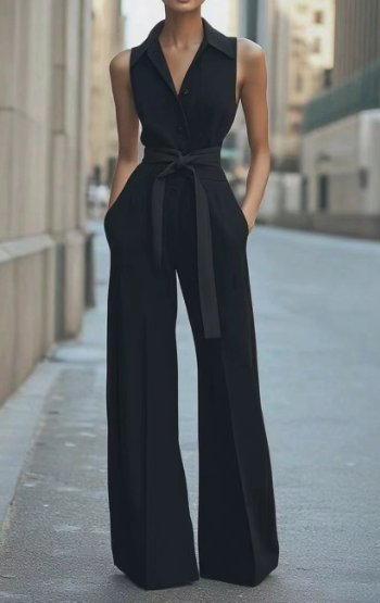 Women's Sleeveless Belted Wide-Leg Button-Front Jumpsuit - Black