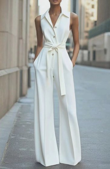 Women's Sleeveless Belted Wide-Leg Button-Front Jumpsuit - White