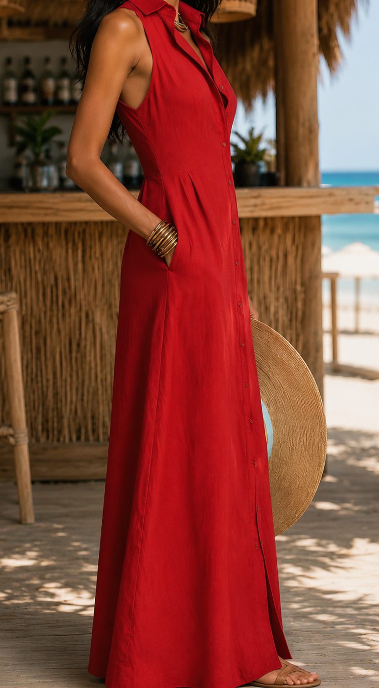 Women's Sleeveless Button-Front Linen Blend Maxi Beach Dress