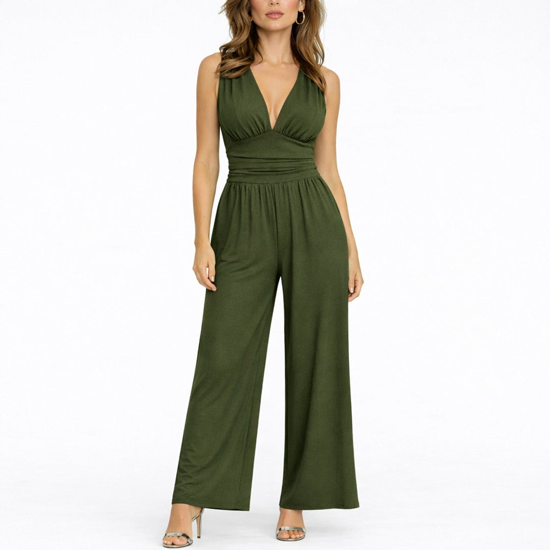 Women's Sleeveless Deep V-Neck Wide-Leg Jumpsuit - Dark Green