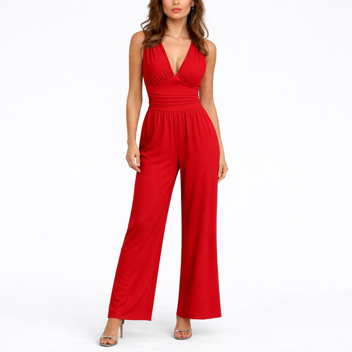 Women's Sleeveless Deep V-Neck Wide-Leg Jumpsuit - Red
