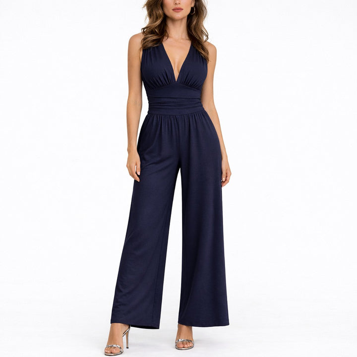 Women's Sleeveless Deep V-Neck Wide-Leg Jumpsuit - Navy