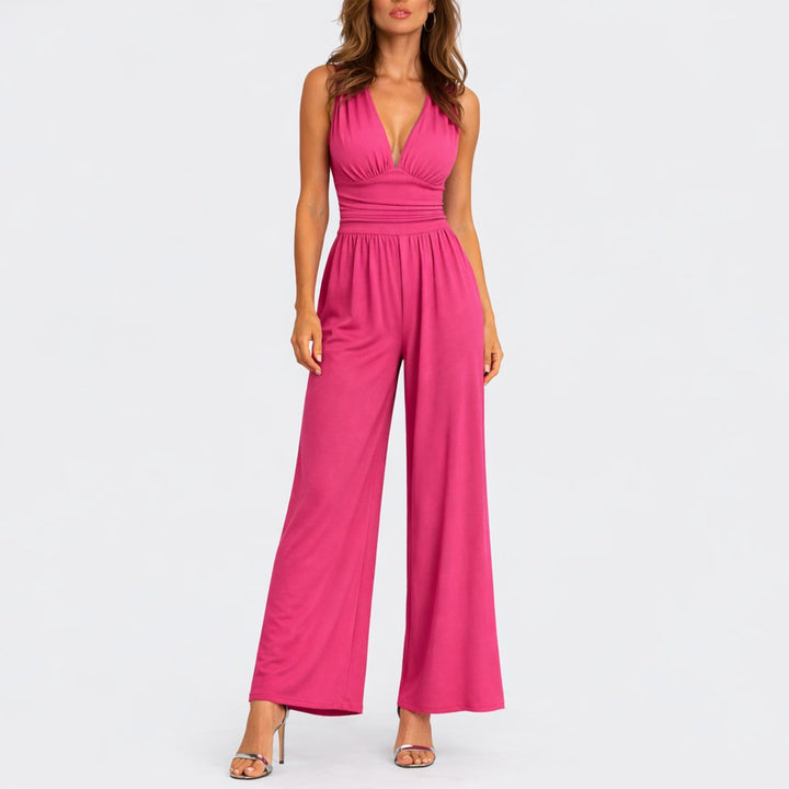 Women's Sleeveless Deep V-Neck Wide-Leg Jumpsuit - Pink