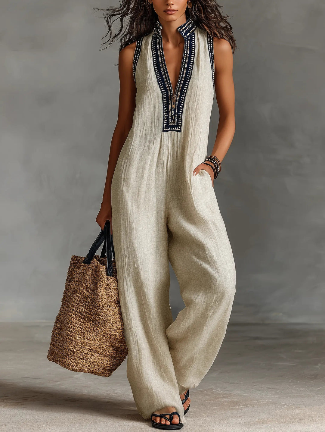 Women's Sleeveless Embroidered V-Neck Linen Blend Wide-Leg Jumpsuit - Photo Color