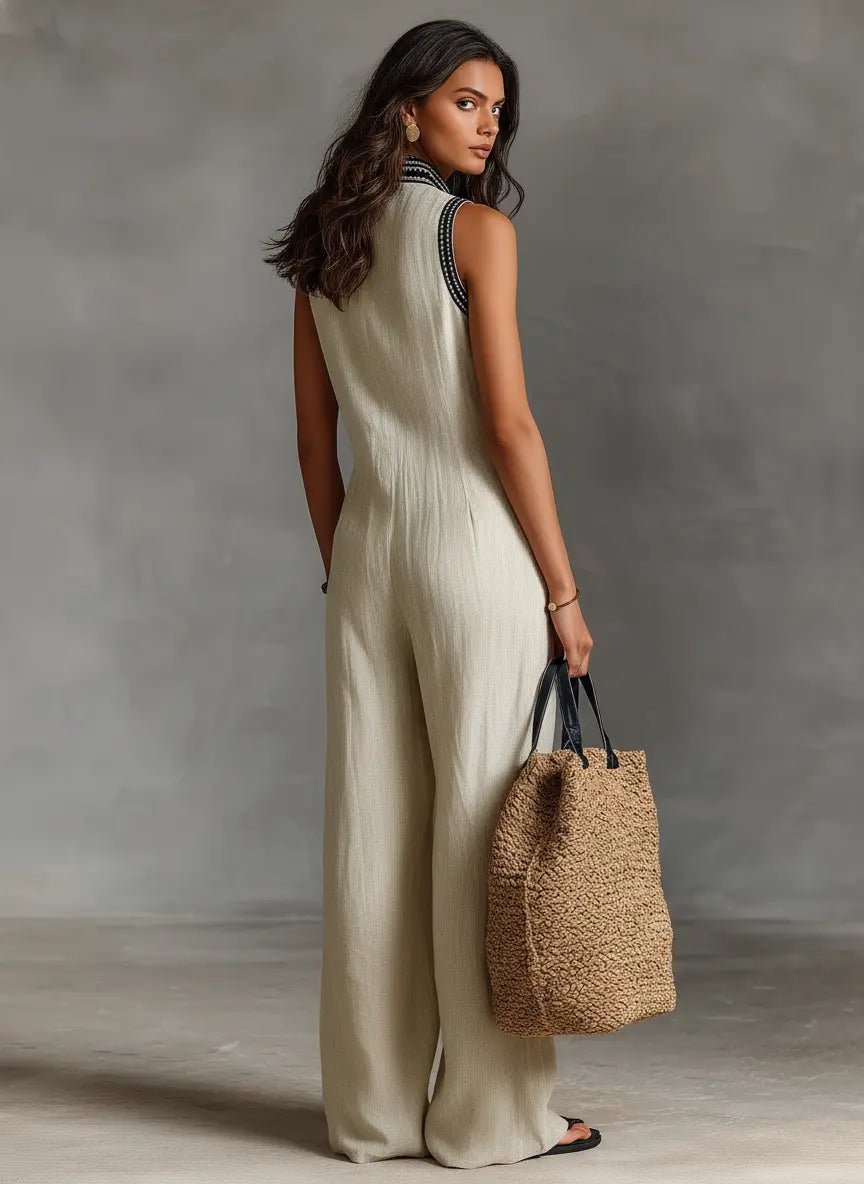 Women's Sleeveless Embroidered V-Neck Linen Blend Wide-Leg Jumpsuit