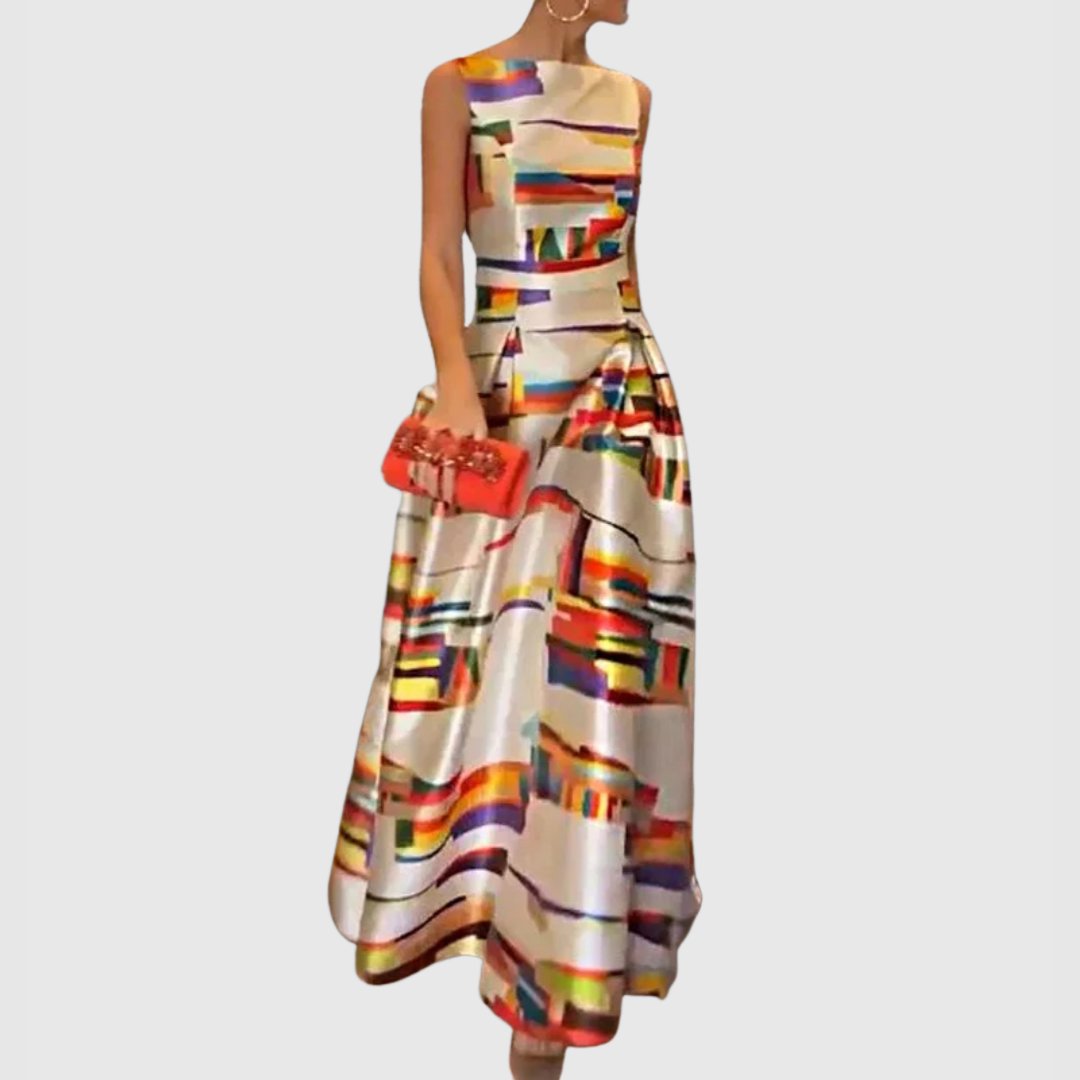 Women's Sleeveless Satin Abstract Colorblock A-Line Maxi Dress