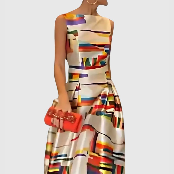 Women's Sleeveless Satin Abstract Colorblock A-Line Maxi Dress