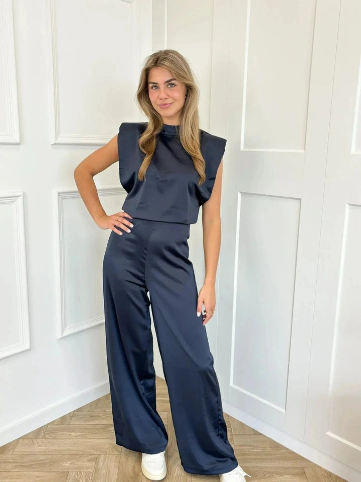 Women's Sleeveless Wide-Leg Satin Open-Back Jumpsuit - Marineblauw