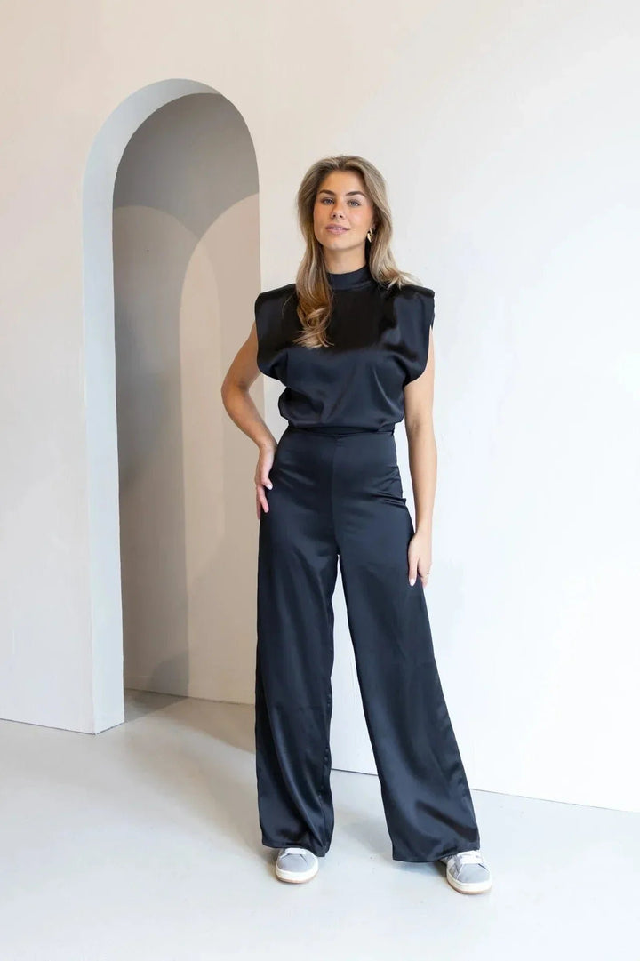 Women's Sleeveless Wide-Leg Satin Open-Back Jumpsuit
