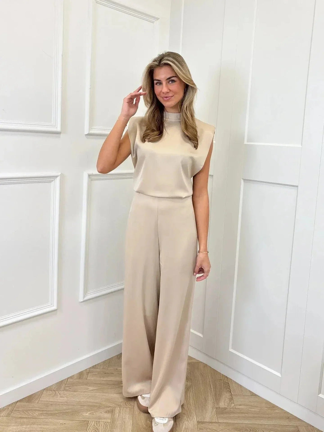 Women's Sleeveless Wide-Leg Satin Open-Back Jumpsuit