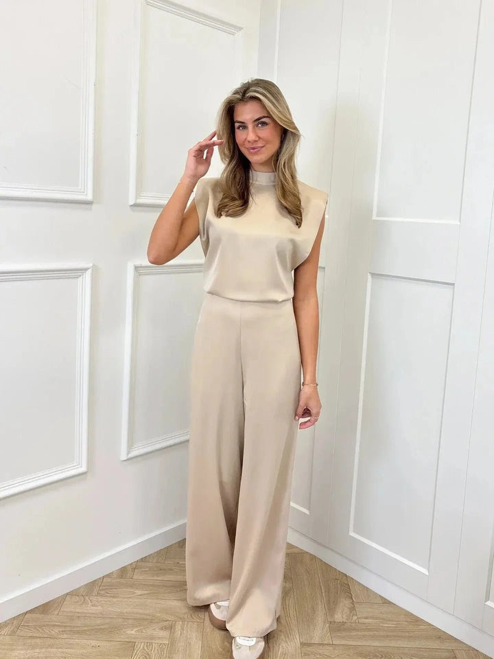 Women's Sleeveless Wide-Leg Satin Open-Back Jumpsuit
