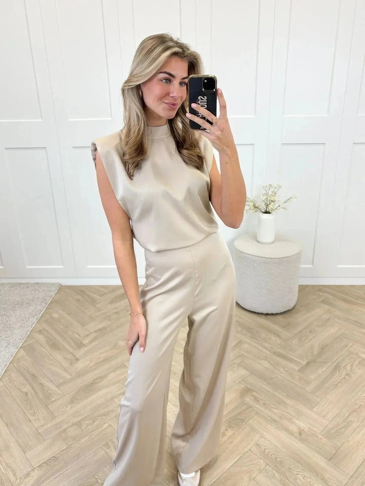 Women's Sleeveless Wide-Leg Satin Open-Back Jumpsuit