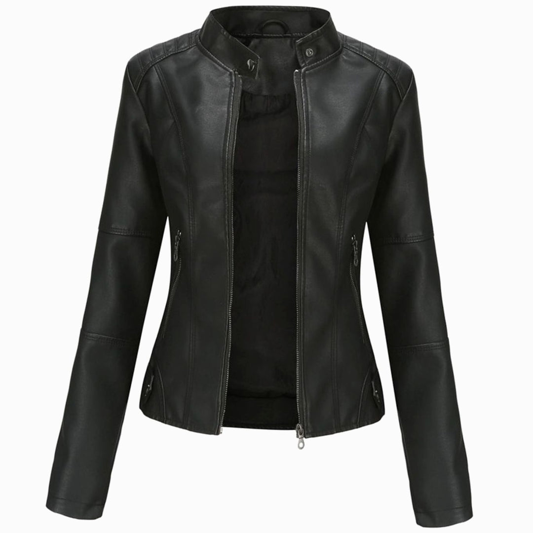 Women's Slim-Fit Faux Leather Zip-Up Biker Jacket - Black