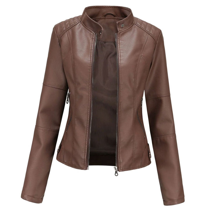 Women's Slim-Fit Faux Leather Zip-Up Biker Jacket - Dark Brown