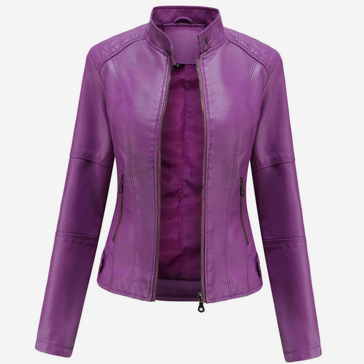 Women's Slim-Fit Faux Leather Zip-Up Biker Jacket - Purple