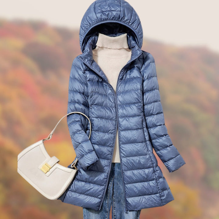 Women's Slim-Fit Hooded Zip-Up Longline Puffer Jacket - Blue