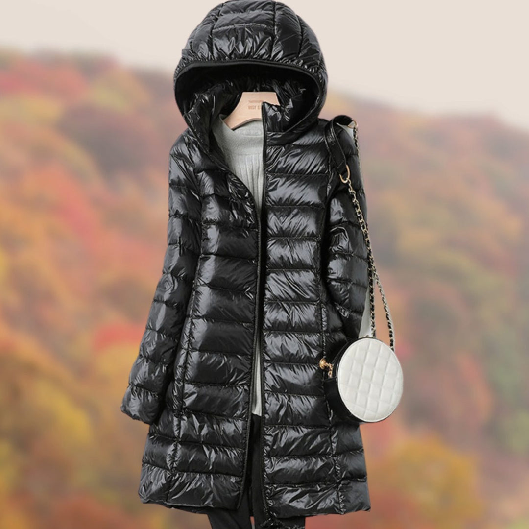 Women's Slim-Fit Hooded Zip-Up Longline Puffer Jacket - Black