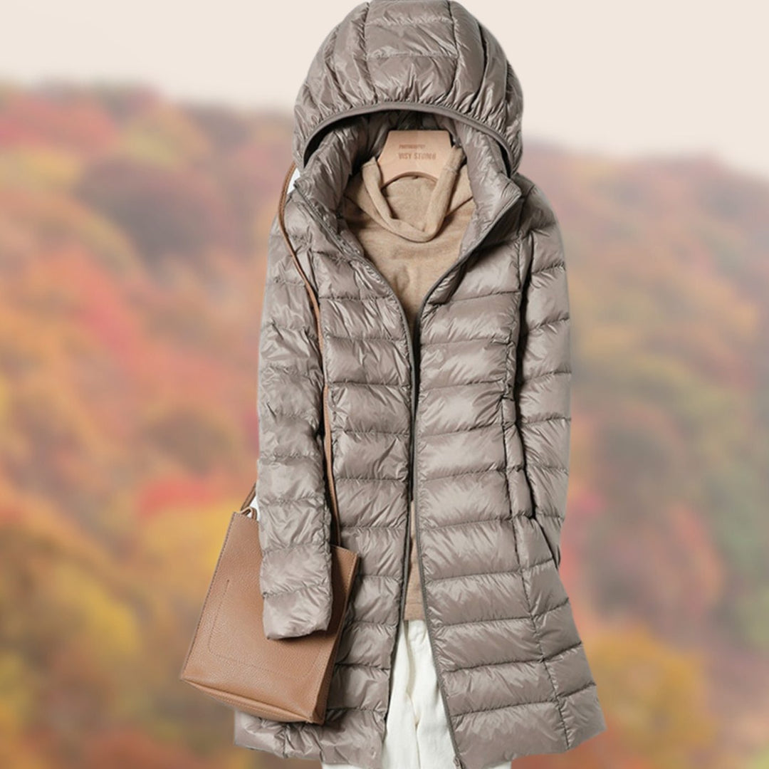 Women's Slim-Fit Hooded Zip-Up Longline Puffer Jacket - Khaki
