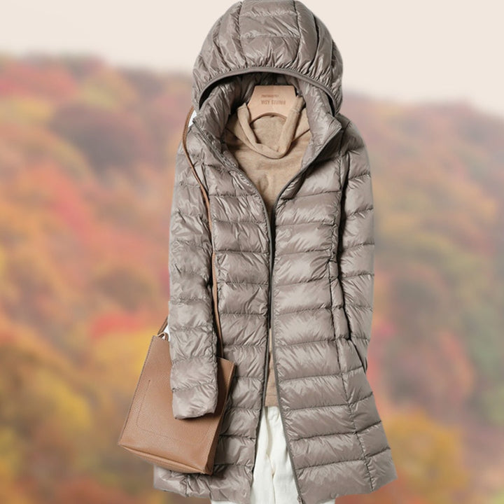 Women's Slim-Fit Hooded Zip-Up Longline Puffer Jacket - Khaki