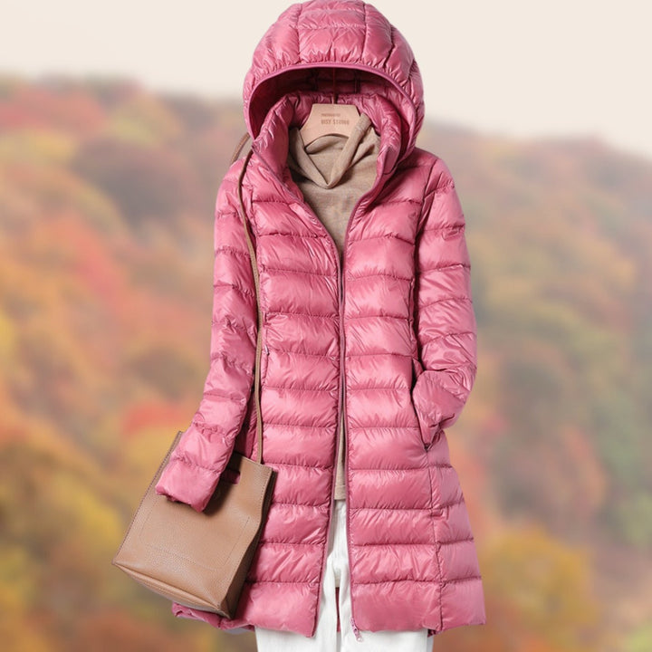Women's Slim-Fit Hooded Zip-Up Longline Puffer Jacket - Pink