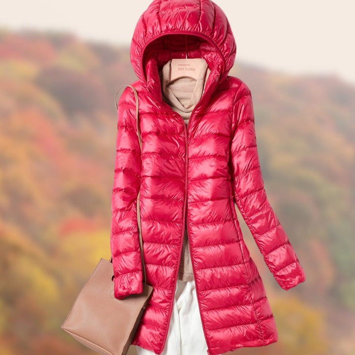 Women's Slim-Fit Hooded Zip-Up Longline Puffer Jacket - Red